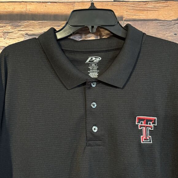 P2 Texas Tech Red Raiders Black SS Polo Shirt Mens 2XL Double T Logo NCAA Golf - Picture 2 of 6